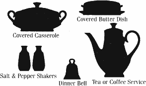 Covered Casserole, Covered Butter Dish, Salt & Pepper Shakers, Tea or Coffee Service, Dinner Bell
